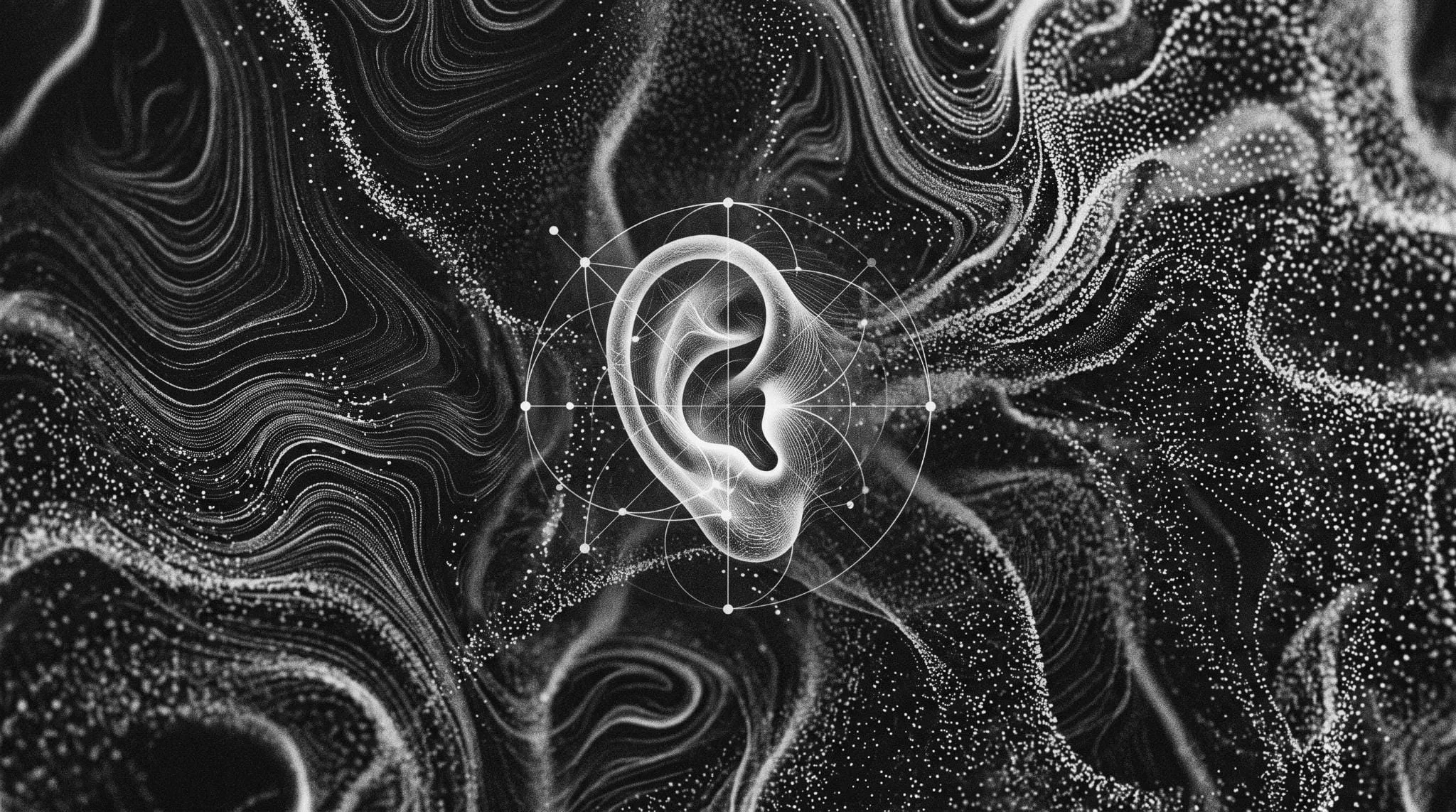 A stylized, glowing human-like ear shape made of light grid lines is centered against a dark background of turbulent, white particle patterns. A complex geometric diagram encircles the ear.