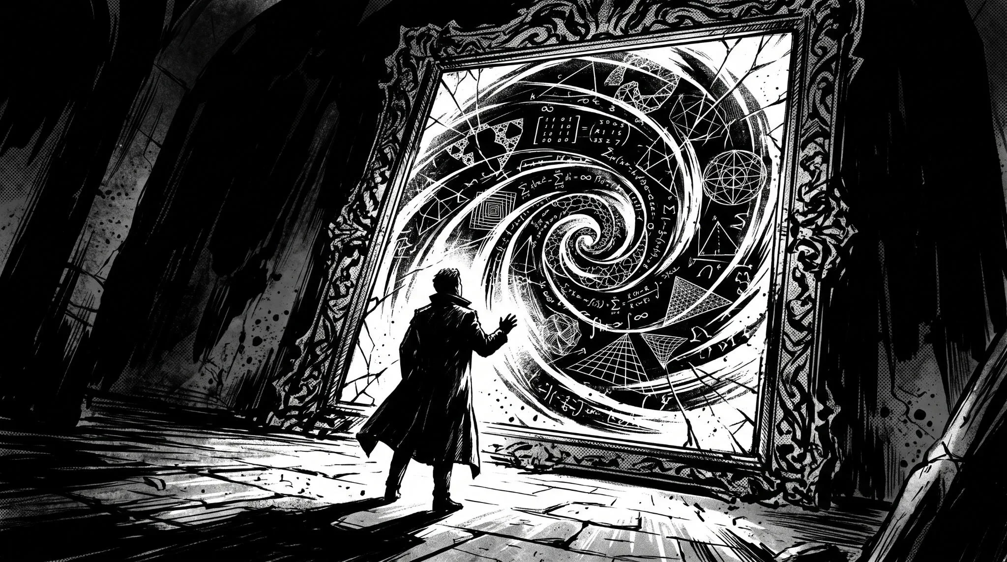 A solitary figure looking into a mathematical mirror representing the latent space