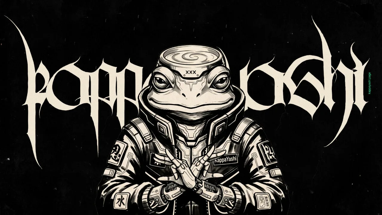 Cyberpunk frog creature in tactical gear centered over the white kappa.yashi typography.