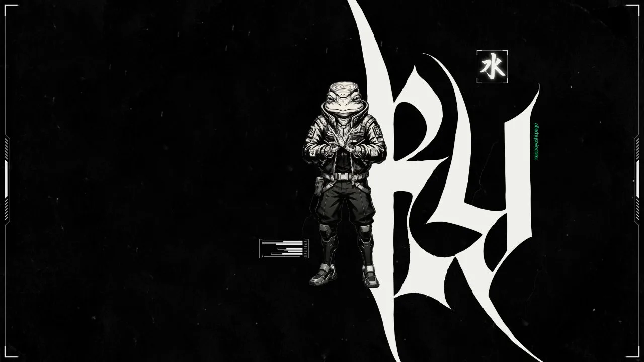 Full body sci-fi frog character standing beside a large white kappa.yashi monogram.