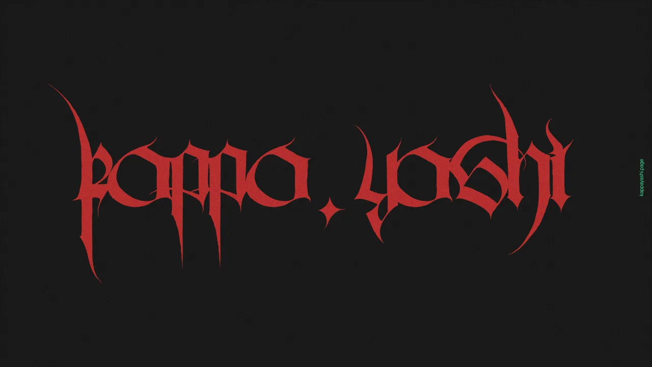 Minimalist red kappa.yashi stylized typography centered on a dark background.   